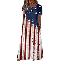 Short Sleeve Plus Size Ugly Dress Ladies Autumn Wedding Ruched Crewneck Tunic Dress for Womens American Flag Blue XL