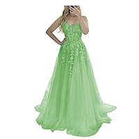 Tulle Lace Appliques Prom Dresses Spaghetti Strap Glitter Formal Dress A-Line Evening Gowns