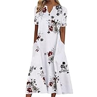 Casual Summer Dresses for Women Stripe Button V Neck Sleeveless with Pocket Long Dresses Holiday Beach Party Midi Dress