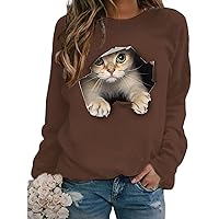 Women's Cute Cat Shirts Funny Kitty Long Sleeve Casual T-Shirts Lightweight 3D Animal Graphic Tops Pullover