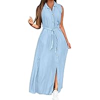 Summer Plus Size Sleeveless Maxi Dress Trendy Off The Shoulder Button Down Shirt Dress Casual Sexy V Neck Long Dress