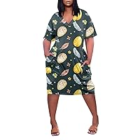 Amazon Outlet Sale Womens Easter Dress Classic Egg Print Loose Fit Casual Trendy Dress Short Sleeve V Neck Pockets Straight Dresses Gold X-Large