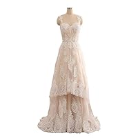 Gorgeous Champagne and White Lace Wedding Dresses Bridal Prom Gowns High Low One/Two Pic