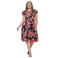 Women's Short Puff Sleeve Midi Cocktail Flare Tea Party, Formal and Casual Dresses