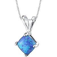 PEORA 14K White Gold Created Blue Opal Pendant for Women, Classic Solitaire, Cushion Cut, 6mm
