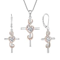 STARCHENIE Note Cross Necklace Earrings 925 Sterling Silver Crucifix Music Jewelry Set Gift for Women White & Rose Gold