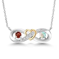 Gem Stone King 925 Silver and 10K Yellow Gold Red Garnet White Simulated Opal and Lab Grown Diamond 2-Tone Heart Interlocking Infinity Symbol Pendant Necklace For Women with 18 Inch Chain