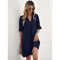 Necklaces for Women Notched Neck Flounce Sleeve Tunic Dress (Color : Navy Blue, Size : M)