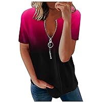 Womens Half Zipper Tops 2023 Summer Casual Dressy Short Sleeve V Neck T Shirts Cute Print Tees Trendy Tunic Fashion Blouses