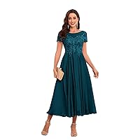 Lace Appliques Mother of The Bride Dress Wedding Chiffon Midi Formal Evening Gown