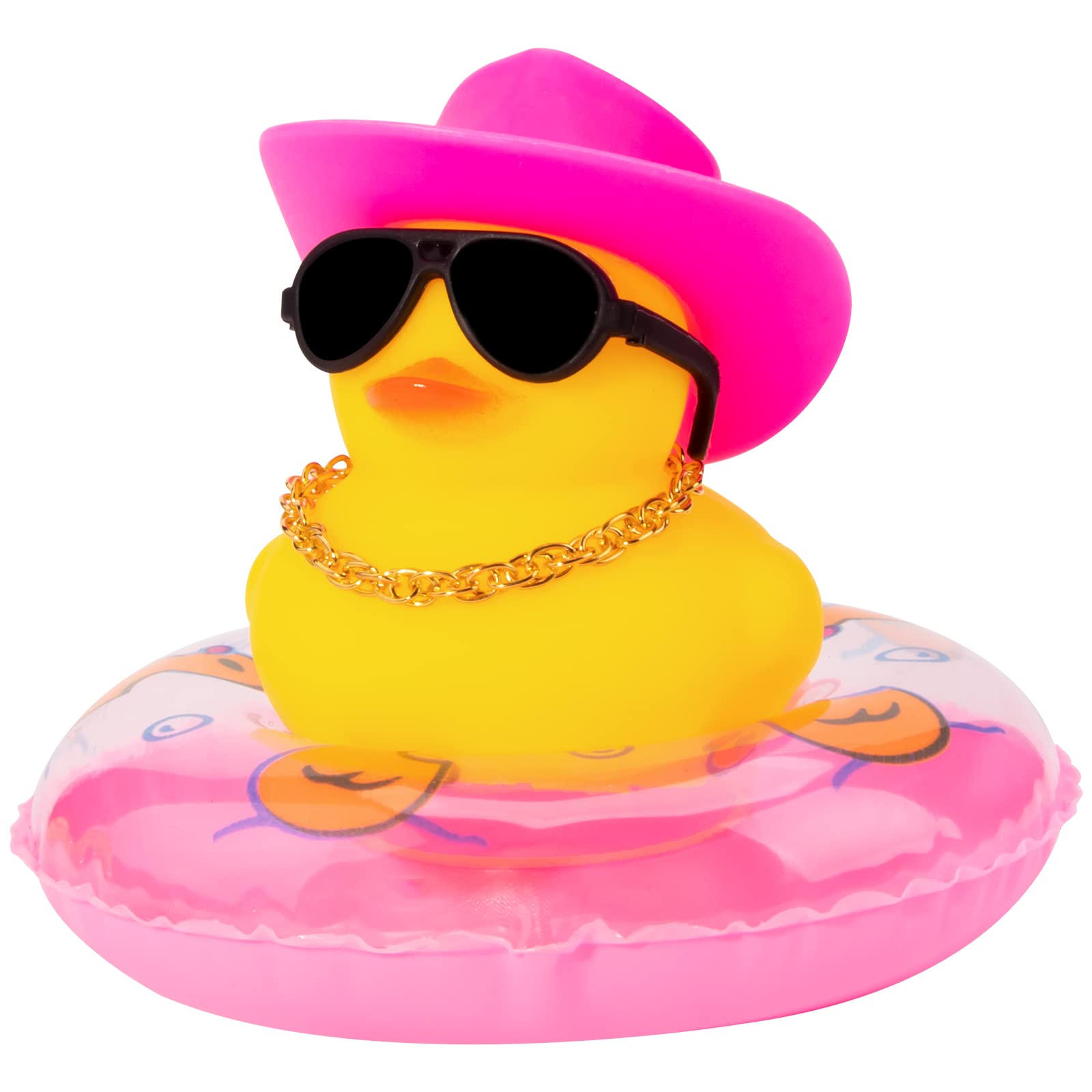 wonuu Swim Ring Rubber Ducks with Cowboy Hat/Crown Sunglasses Necklace for Cars Dashboard Decorations Car Accessories Duck Car Ornament, Pink+Queen