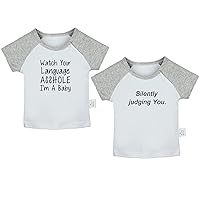 Pack of 2, Watch Your Language I'm A Baby & Silently Judging You Funny Tshirt, Newborn Infant Baby T-Shirts Graphic Tee Tops