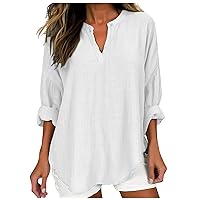 Cotton Linen Shirts for Women Long Sleeve V Neck Pullover Tops Plus Size Casual Loose Work Blouse Fashion Fall Tees