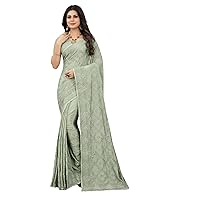 Resham Embroidered Woman Designer Crape Silk Saree Blouse Bridal Diamond work Heavy Sari 3747