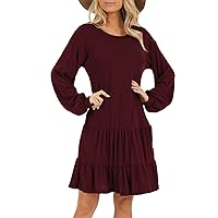 Women Casual Crew Neck Long Sleeve Dresses Solid Color Slim Fit Ruched Bodycon Short Mini T Shirt Dress with Pockets
