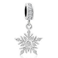 White Shimmering Snowflake Dangle Charm CZ Bead for European Bracelet