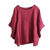Womens Cotton Linen 3/4 Dolman Sleeve Shirts Blouse Plus Size Crewneck Tshirts Solid Summer Tops 2024