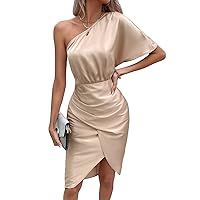 Women's One Shoulder Butterfly Sleeve Ruched Wrap Satin Bodycon Dress