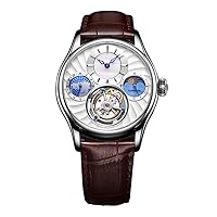 Analog Manual Winding Mechanical Wrist Watch Men's Stainless Steel and Leather Sapphire Male Skeleton Tourbillon Moon Phase Clock Waterproof Luminous