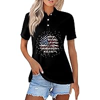 Women's Tops American Flag 4Th of July 2024 Cute Star Stripes Button Down Lapel Neck Short Sleeve Shirts Blouse