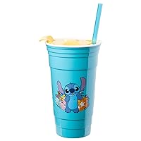 Silver Buffalo Lilo and Stitch Flower Badges Plastic Tumbler with Lid and Straw, 32 Ounces