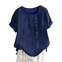 Summer Women Cotton Linen Tshirt Tops Trendy Short Sleeve Casual Button Tunic Tees Comfy Soft Crewneck Blouses
