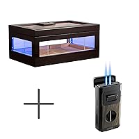 Woodronic LED Lighted Humidor Cigar Box for 100 Cigars with Cigar Torch Lighter, Crystal Gel Humidifier, Spanish Cedar Lining and Acrylic Dividers, Gifts for Men