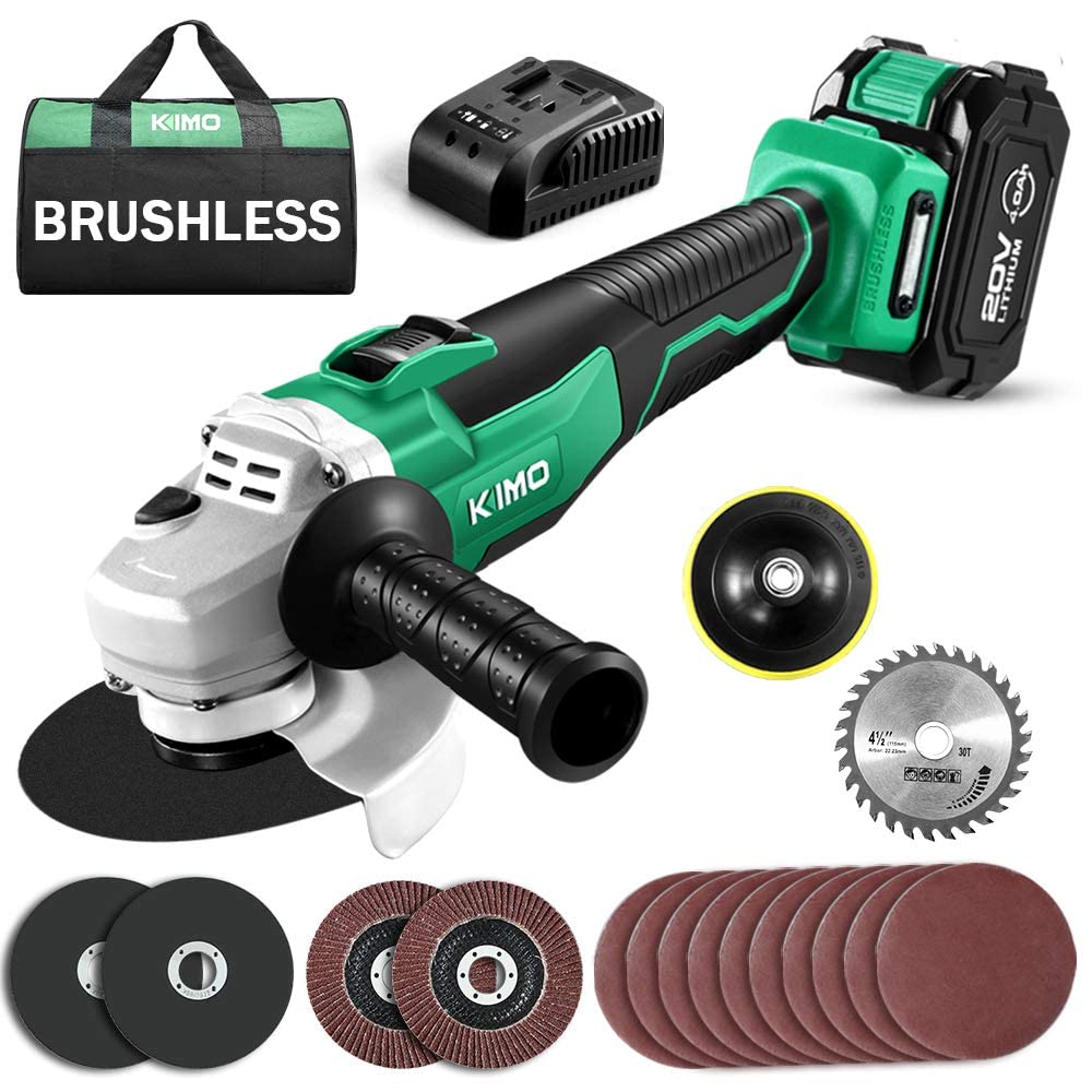 Cordless Grinder - KIMO 20V Cordless Angle Grinder w/ 4.0Ah Li-Ion Battery & Charger, 9000RPM Brushless Motor, 4-1/2'' Blade, Electric Brake, 2-Position Handle, Battery Grinder Tool for Metal Wood