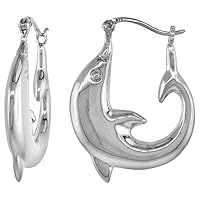 3 sizes Sterling Silver Creole Dolphin Hoop Earrings for Women Click Top High Polished