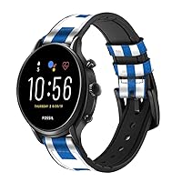 CA0579 Flag of Greece Leather & Silicone Smart Watch Band Strap for Fossil Mens Gen 5E 5 4 Sport, Hybrid Smartwatch HR Neutra, Collider, Womens Gen 5 Size (22mm)