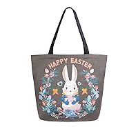 ALAZA Happy Easter Bunny Eggs Large Canvas Tote Bag Shopping Shoulder Handbag with Small Zippered Pocket