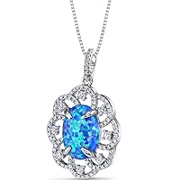 PEORA Created Blue Fire Opal Victorian Pendant Necklace for Women 925 Sterling Silver, Large 2.25 Carats total Oval Shape, 14x10mm, with 18 inch Chain