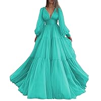 Long Puffy Sleeve Prom Dresses Ball Gown for Women Chiffon V Neck Ruched Formal Evening Party Gown