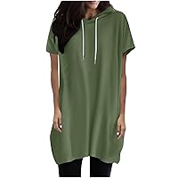 Women's Casual Summer Hoodies Short Sleeve Drawstring Hoodies Tops Solid Color Longline Pullover T-Shirts Tops