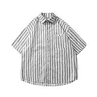 Summer Men' Large Pocket Shirt Casual Stripe Fresh Loose Half Sleeve Unisex Streetwear