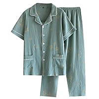 Men's Notched Collar Short Sleeve Sleepwear Long Pants Pajamas Sets Five-pointed Star PJS