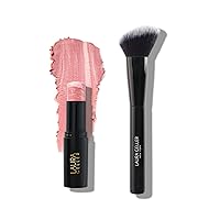 LAURA GELLER NEW YORK Italian Marble Blush Makeup Stick | Cream Finish Marbleized Blush for Cheeks, Pink Fiore + Angled Blush Brush