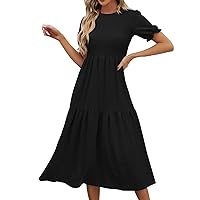 Women's Flowy A-Line Maxi Beach Dresses 2024 Summer Casual Puff Short Sleeve Smocked Elastic Waist Tiered Maxi Dress Black