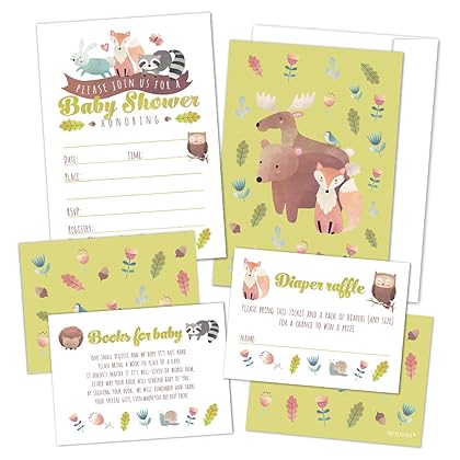 A Set of 25 Woodland Animals Baby Shower Invitations, Diaper Raffle Tickets and Baby Shower Book Request Cards with Envelopes. Gender Neutral Invites Perfect for Baby Boys and Baby Girls.