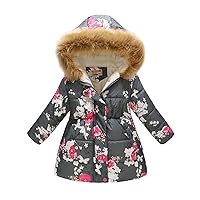 Kids Girls Cotton Hooded Zipper Closure Flower Print Jackets Coat for Winter Warm Puffer Outerwear
