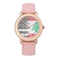 Black and White USA Lebanon Flag Casual Watches for Women Classic Leather Strap Quartz Wrist Watch Ladies Gift