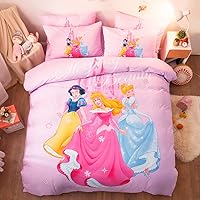 CASA 100% Cotton Kids Bedding Set Girls Princesses Snow White and Cinderella and Aurora Pink Duvet Cover and Pillow Cases and Fitted Sheet,4 Pieces,Full