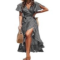 Women's Irregular V Neck Short Sleeve Polka Dot Corset Ruffle Hem Dress Resort Beach Long Dress