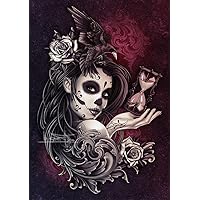 DAY OF THE DEAD GIRL CANVAS ART PRINT - Sugarskull Girl Painting Artwork with Crow, Roses, Timer Tattoo style Wall Art Gift - Sugar Skull Woman