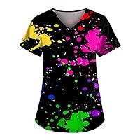 Womens Print Lightweight T Shirt V-Neck Tees Casual Carer Uniform Blouse Workwear Short Sleeve Top with Pockets