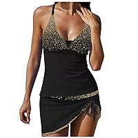 Womens 2 Piece Swimsuit Sexy Halter Tankini Top and Ruched Skirt Bottom Set Bathing Suit Color Block Graphic Beachwear