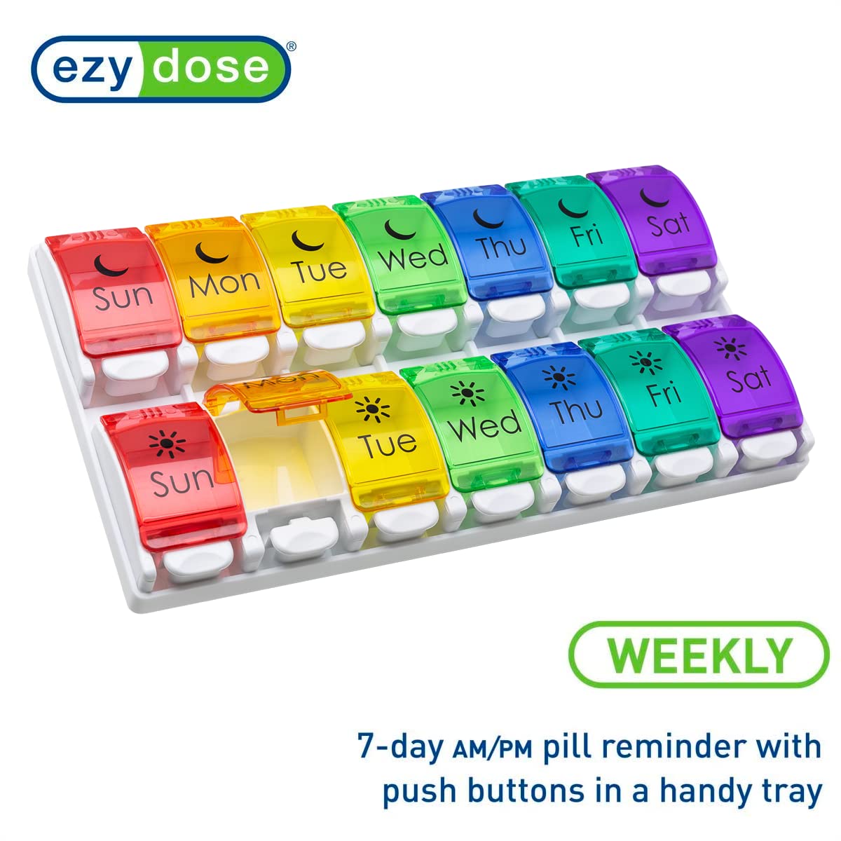 EZY DOSE Push Button (7-Day) Pill Case, Medicine Planner, Vitamin Organizer, 2 Times a Day AM/PM, Removeabale Trays, Large Compartments, Arthritis Friendly, Rainbow Lids