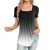 Office Asymetrical T Shirt Ladies Casual Summer Short Sleeve Gradient Color Lightweight Top for Women
