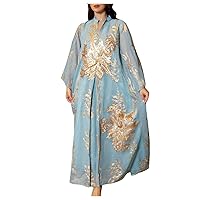 Womens Muslim Abaya Dress Vintage Floral Print Long Sleeve Dress Islamic V Neck Full Length Kaftan Daily Casual Dress