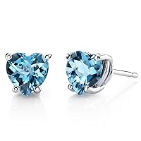 Peora Swiss Blue Topaz Heart Stud Earrings for Women 14K White Gold, Genuine Gemstone Birthstone Classic Solitaire Studs, 6mm, 1.75 Carats total, Friction Back